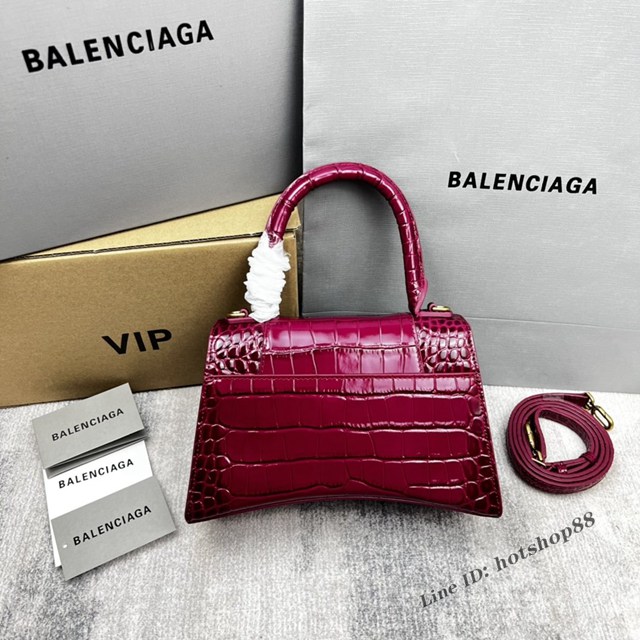 Balenciaga專櫃爆款鱷魚紋櫻桃紅色中號Hourglass沙漏包 巴黎世家頂級原單手提肩背包 fyj1205
